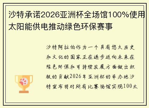 沙特承诺2026亚洲杯全场馆100%使用太阳能供电推动绿色环保赛事 沙特承诺2026亚洲杯全场馆100%使用太阳能供电推动绿色环保赛事