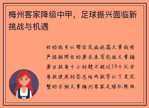 梅州客家降级中甲,足球振兴面临新挑战与机遇 梅州客家降级中甲,足球振兴面临新挑战与机遇